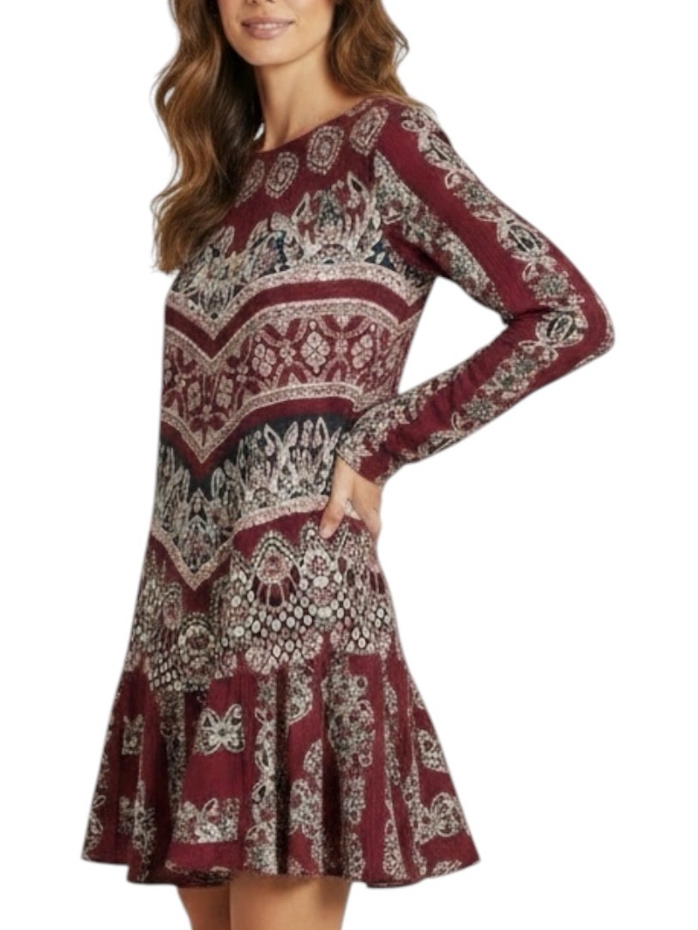 NWT FREE PEOPLE Printed Long Sleeve Open Back Ruffle Flare Mini Dress Size Small